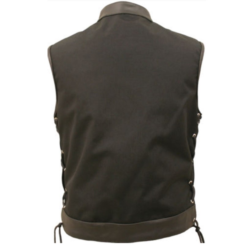 Men's Denim Style Black Cuadra Leather Motorcycle Snaps Biker Vest